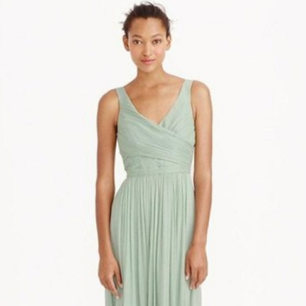 J Crew Heidi Silk Chiffon Dress Dusty Shale/Green Sz 0 wedding bridesmaid preppy
